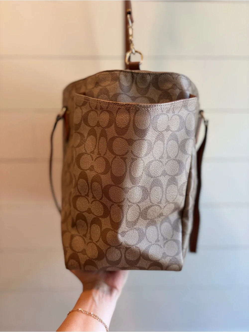 Coach Monogram Canvas Tote in Brown with Leather Trim